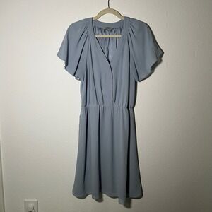 H&M Blue Dress Short Sleeve V Neck Chiffon Elastic Waist Casual Womens